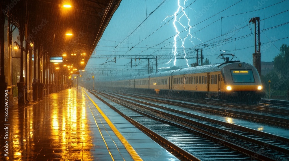 Fototapeta premium A railway station during a lightning storm, overhead electric wires sparking as rain pours down