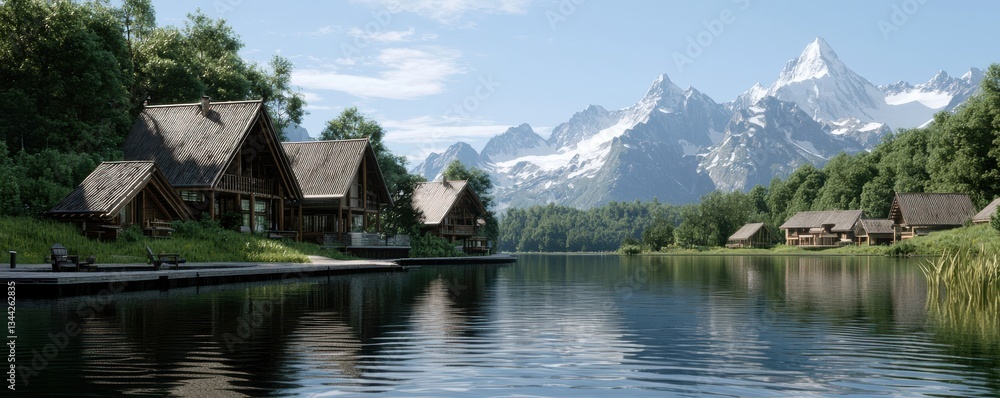 Fototapeta premium A serene landscape featuring rustic cabins by a calm lake, surrounded by lush greenery and majestic mountains under a clear blue sky.