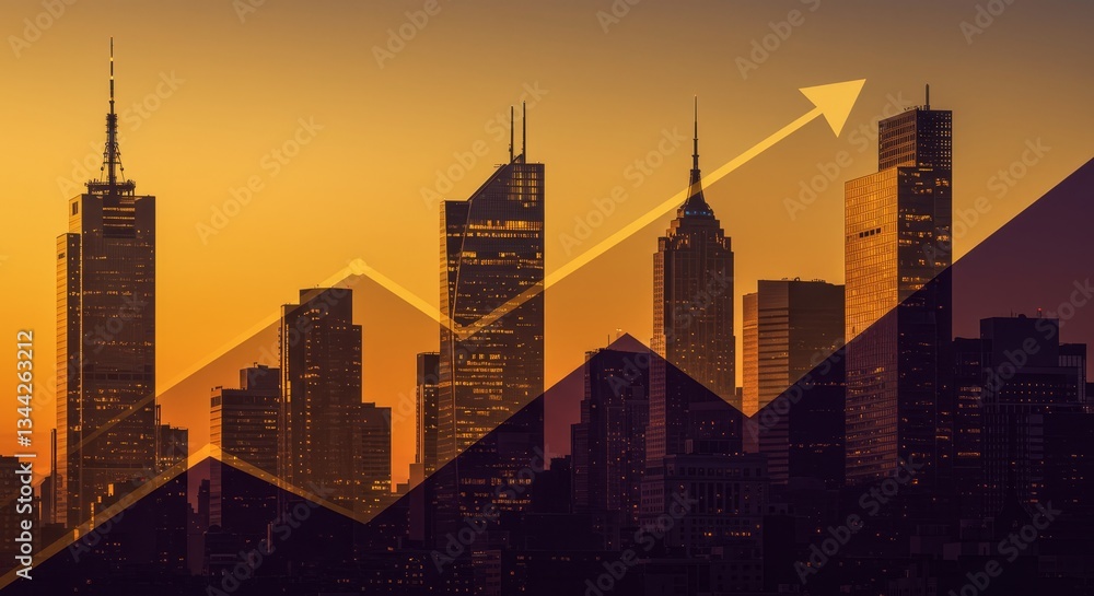 Fototapeta premium Cityscape Growth and Development - Silhouette of a city skyline at sunset with an upward trending graph overlaid, symbolizing urban growth and prosperity