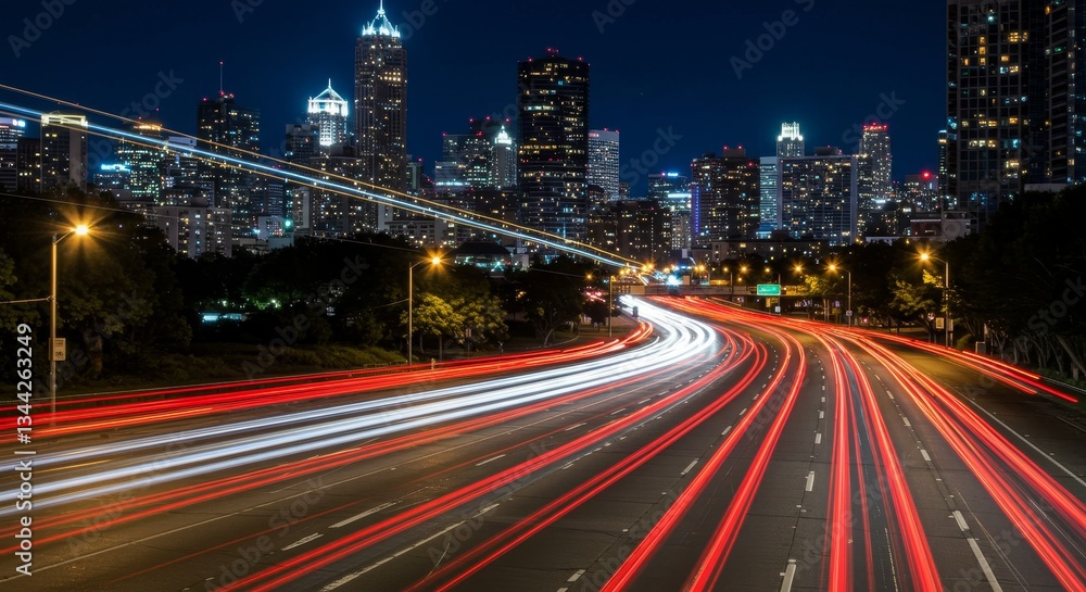 Fototapeta premium Cityscape Night Highway Lights - Stunning night shot of a highway with light trails leading towards a vibrant city skyline