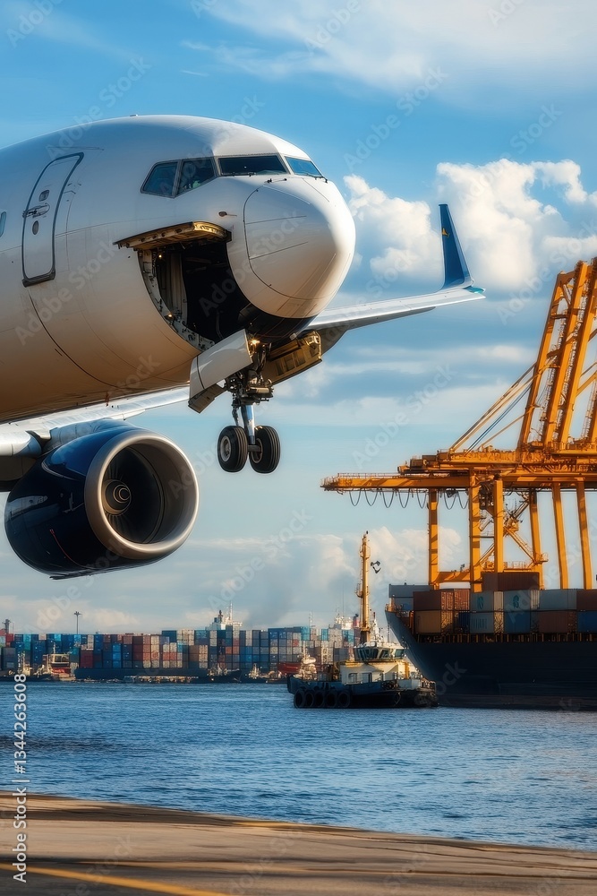 A massive cargo plane unloading imports while workers organize and inspect the cargo at an international airport. A massive cargo plane unloading imports while workers organize and inspect the cargo at an international airport.