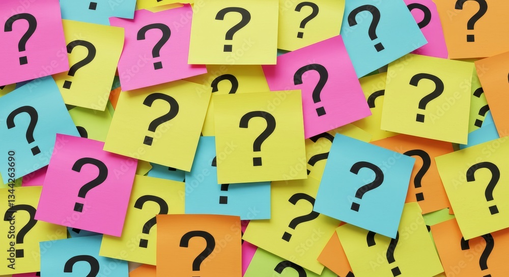 Colorful Question Marks on Sticky Notes - A vibrant collection of sticky notes, each displaying a question mark, creates a visually engaging representing inquiry, brainstorming, or problem-solving Colorful Question Marks on Sticky Notes - A vibrant collection of sticky notes, each displaying a question mark, creates a visually engaging representing inquiry, brainstorming, or problem-solving