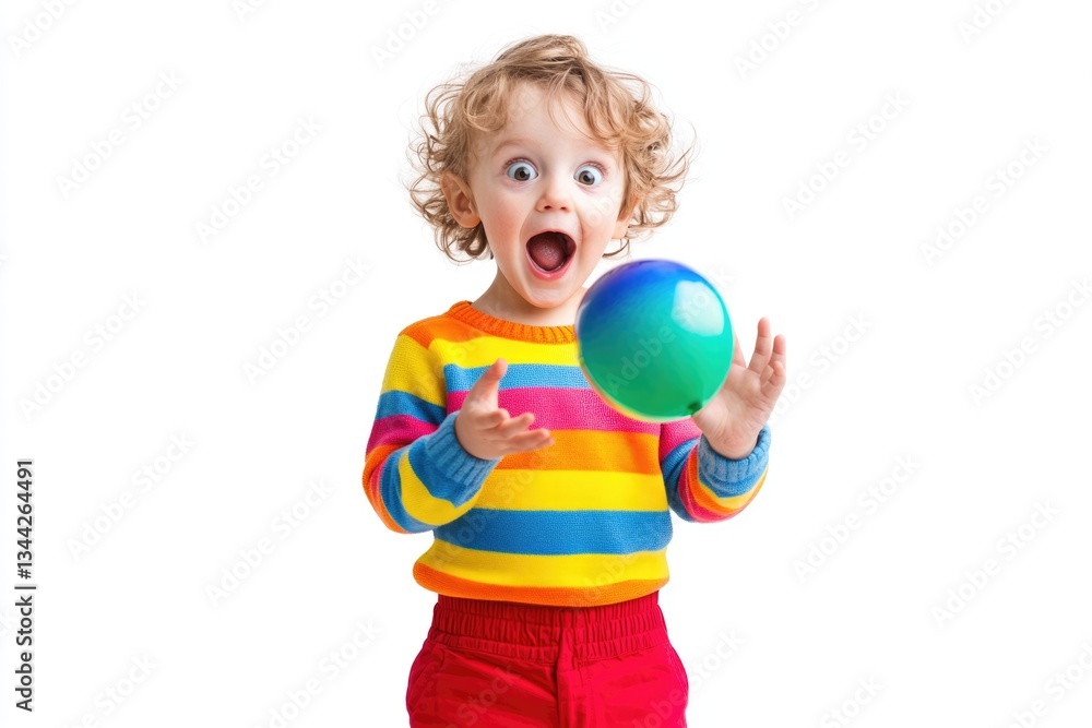 A toddler with curly hair, wearing a rainbow sweater and red pants, looks surprised while playing with a colorful ball. A toddler with curly hair, wearing a rainbow sweater and red pants, looks surprised while playing with a colorful ball.