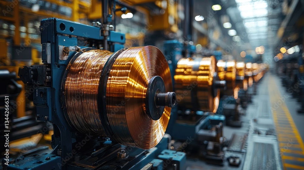 Copper wire coils in a manufacturing facility with machinery and industrial ambiance Copper wire coils in a manufacturing facility with machinery and industrial ambiance