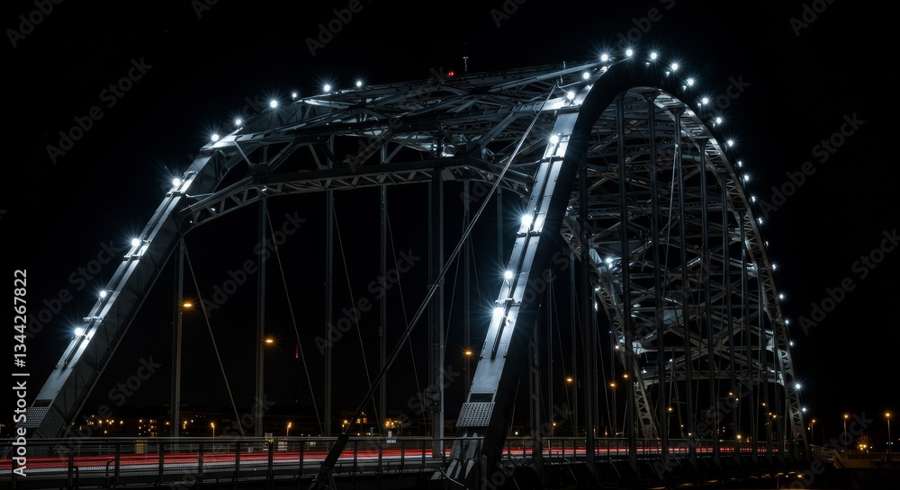 Obraz premium Illuminated Steel Arch Bridge at Night - A majestic steel arch bridge, brilliantly illuminated at night, stands against a dark sky. Light trails from passing vehicles add dynamism to the scene