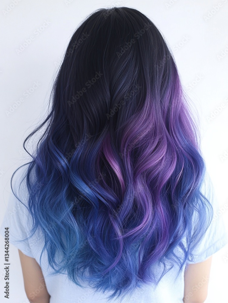Naklejka premium Long Wavy Hair with Dark Roots Fading into Purple and Blue Ombre Color