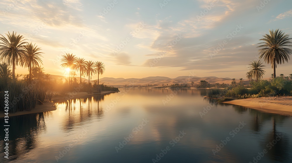 Stunning oasis at sunset with golden reflections on peaceful desert waters high resolution wallpaper Stunning oasis at sunset with golden reflections on peaceful desert waters high resolution wallpaper