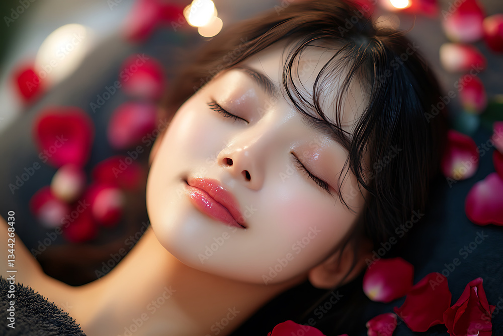 young woman relaxes on massage table surrounded by rose petals, exuding tranquility and serenity. Her skin glows softly, enhancing peaceful atmosphere young woman relaxes on massage table surrounded by rose petals, exuding tranquility and serenity. Her skin glows softly, enhancing peaceful atmosphere