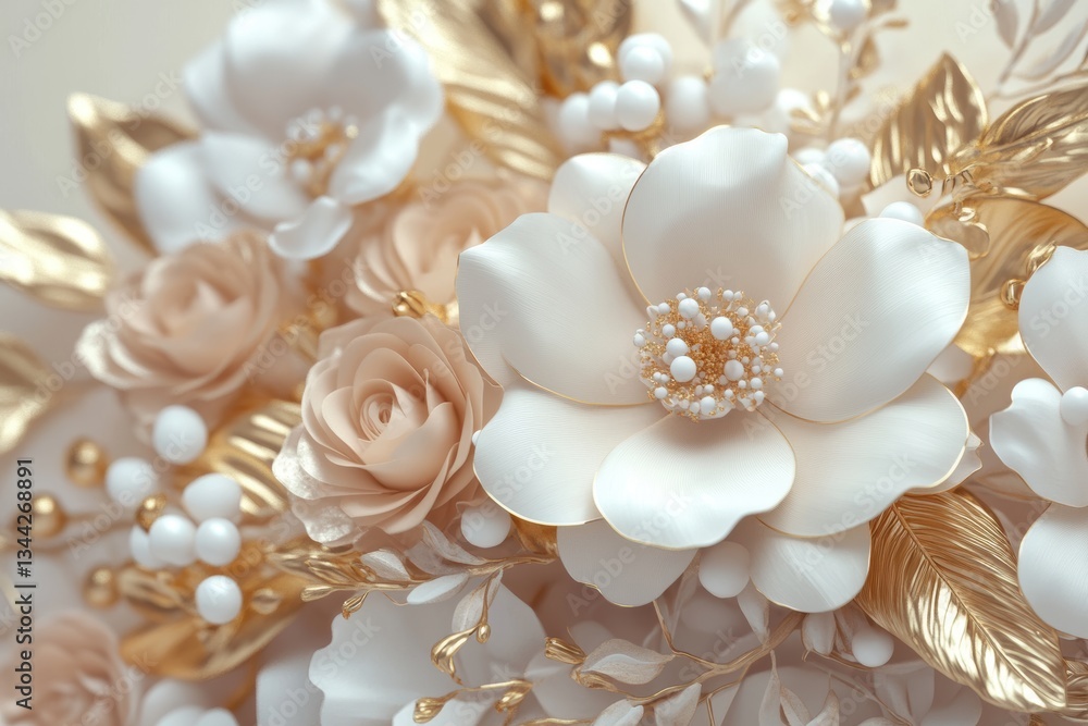 Luxurious 3D floral bouquet with white, pink with gold leaves and white pearls, set against cream background Luxurious 3D floral bouquet with white, pink with gold leaves and white pearls, set against cream background