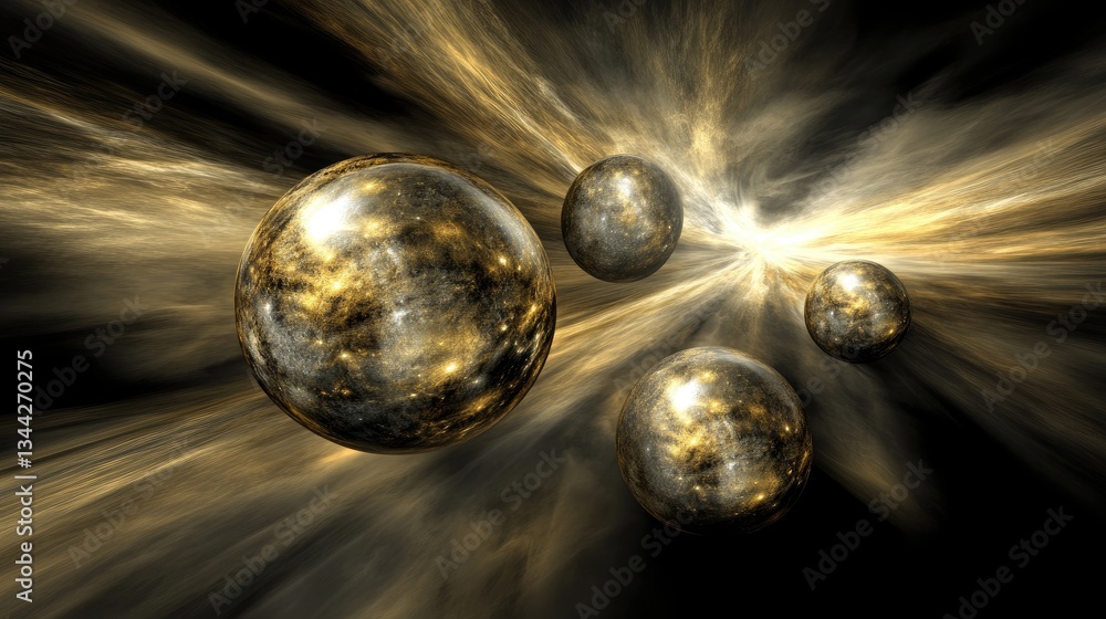 Fototapeta premium Golden spheres traveling through space nebula
