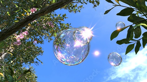 Bubbles Floating Among Green Leaves and Flowers Under a Clear Blue Sky on a Sunny Day