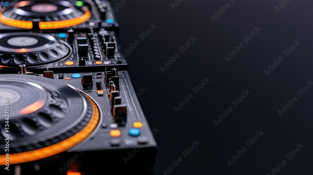 Obraz premium DJ Music Playlist Concept, DJ Mixing with Multiple Decks to Blend Classic Tracks in a Modern Setting