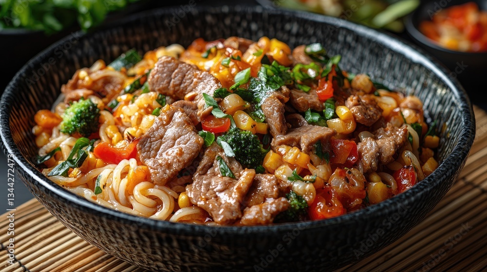 Delicious stir-fried beef and vegetable noodles served in a textured bowl Delicious stir-fried beef and vegetable noodles served in a textured bowl