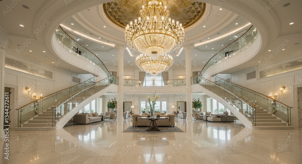 Obraz premium Opulent Grand Lobby with Elegant Chandeliers and Sweeping Staircases
