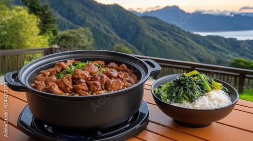 A black pot filled with rice, meat, and collard greens sits on a wooden table with steam rising from a nearby bowl of chicken legs