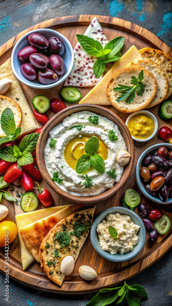 Fototapeta premium A beautifully arranged mezze platter featuring hummus, baba ganoush, tzatziki, marinated olives, feta cheese, and warm pita bread. The colors and textures of the Mediterranean ingredients