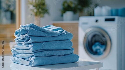 Neatly folded stack of light blue clothes on a white table near a washing machine in a bright laundry room.
