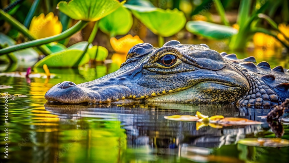 Fototapeta premium Overhead View: American Alligator & Aquatic Plants in Swamp