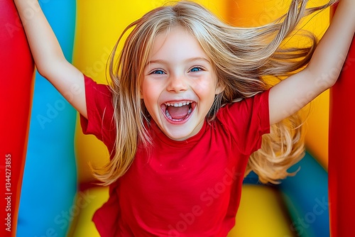 Fototapeta Naklejka Na Ścianę i Meble -  A cheerful young blonde girl in a red t-shirt leaps with joy inside a bright and colorful play structure.