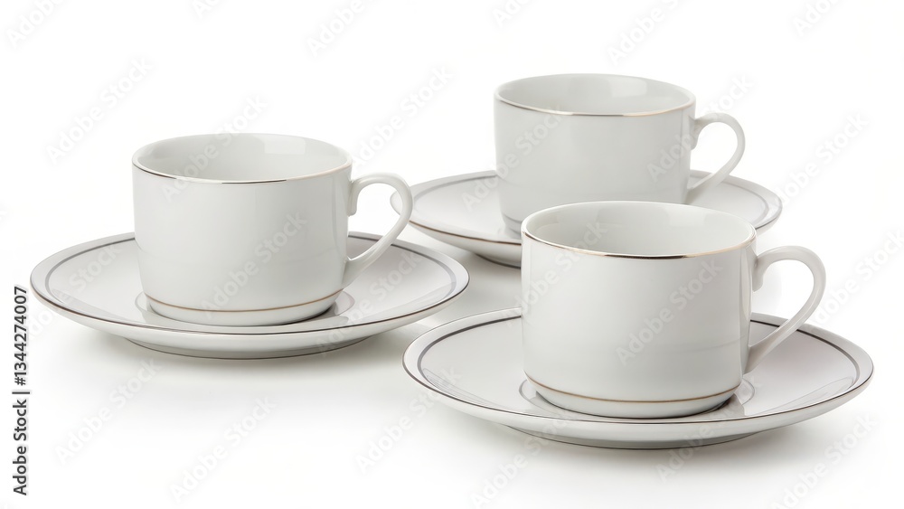 Set of Four White Teacups and Saucers with Silver Trim Set of Four White Teacups and Saucers with Silver Trim