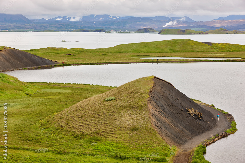 Icelandic landscape. Calm waters and lava formations. Myvatn. Iceland