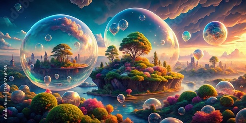 Panoramic Bubble World Fantasy Landscape: Colorful Floating Islands and Sparkling Bubbles