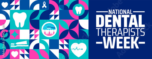 National Dental Therapists Week geometric shape pattern background banner or poster design template. observed every year in  April. Holiday concept. Use to any Template, card, poster, placard.