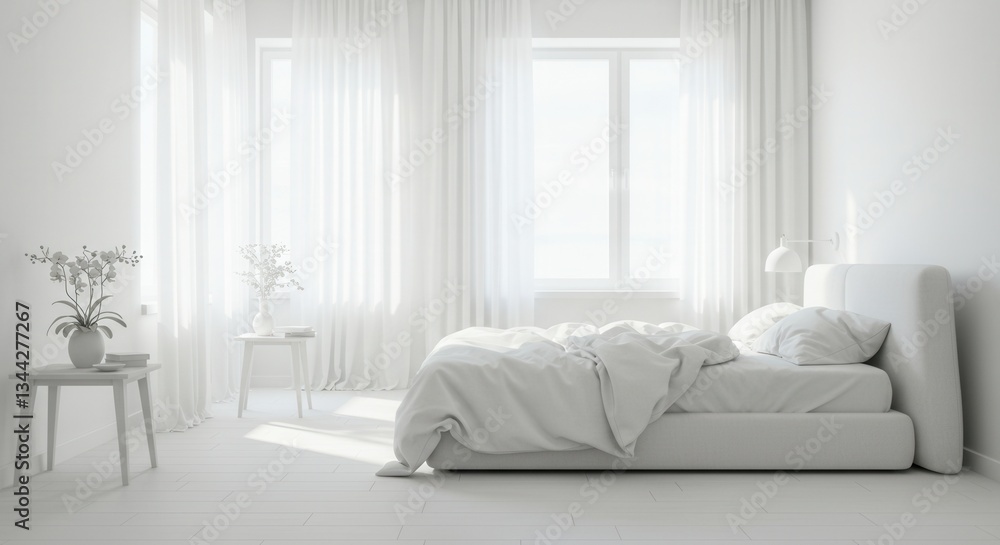 Fototapeta premium Minimalist White Bedroom Interior with Natural Light and Fresh Flowers