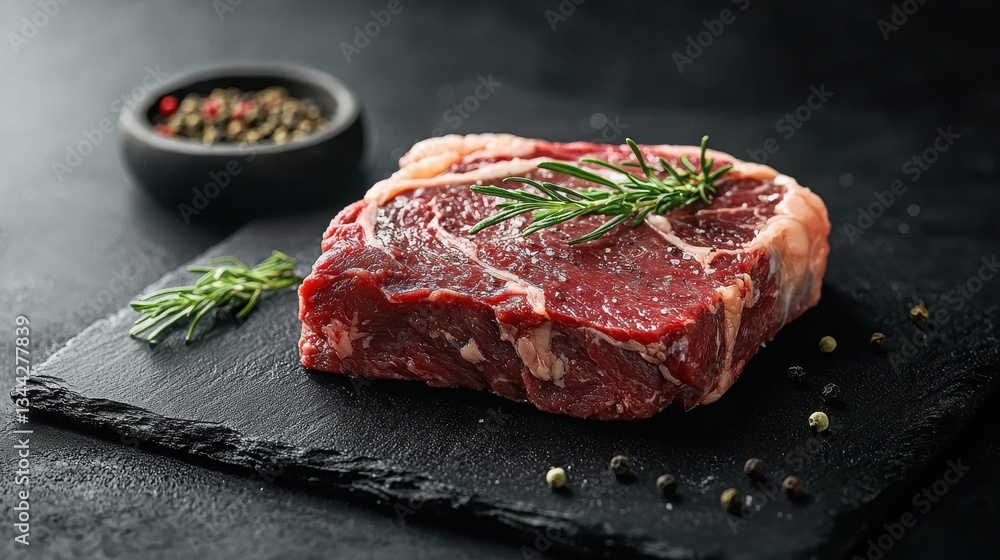 A succulent raw ribeye steak rests on a dark slate plate garnished with fresh rosemary sprigs and peppercorns ready for grilling or pan-sea creating a delicious culinary image. A succulent raw ribeye steak rests on a dark slate plate garnished with fresh rosemary sprigs and peppercorns ready for grilling or pan-sea creating a delicious culinary image.