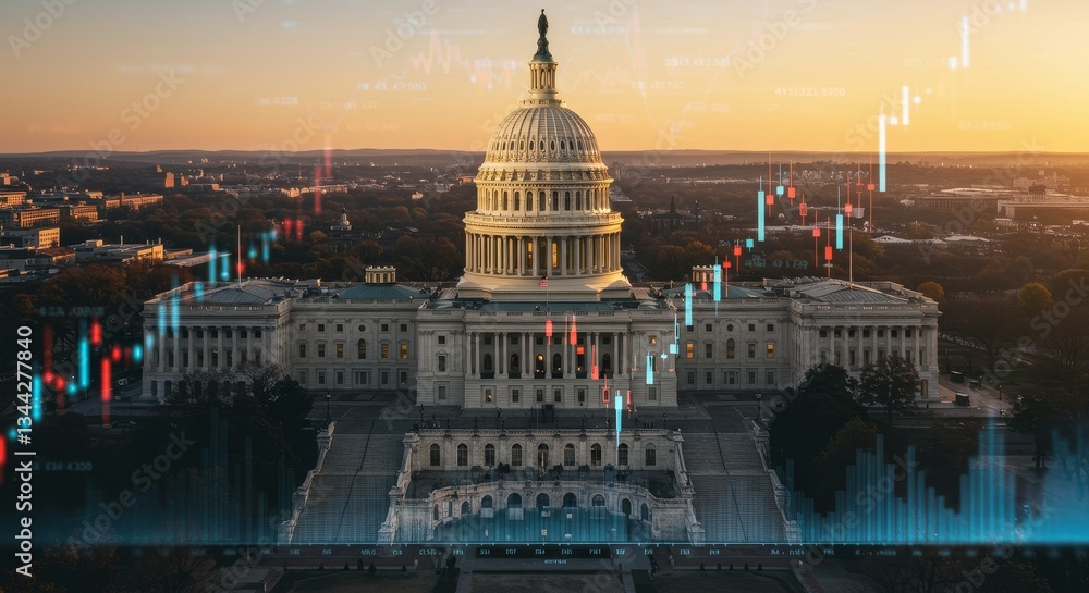 Fototapeta premium US Capitol Building and Economic Trends - Aerial view of the US Capitol building at sunset, overlaid with a market chart showing economic growth and trends