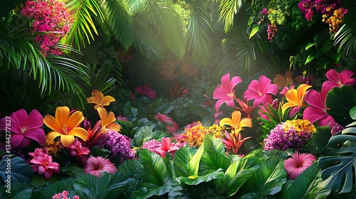 Remote garden paradise with rich green leaves and exotic colorful flowers high resolution wallpaper