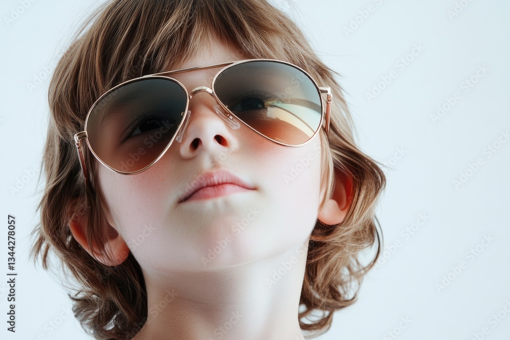 Naklejka premium A young boy with light brown hair looks up, wearing aviator sunglasses.