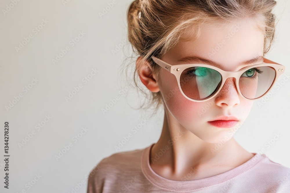 A young girl with freckles and light brown hair wears stylish pastel pink sunglasses. A young girl with freckles and light brown hair wears stylish pastel pink sunglasses.