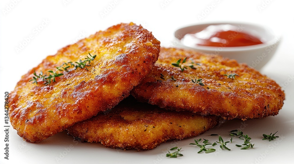 Crispy golden fried patties served with a side of tangy ketchup Crispy golden fried patties served with a side of tangy ketchup