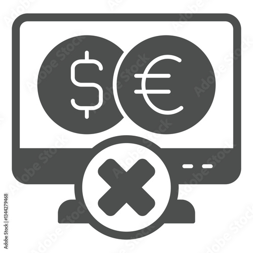Monitor screen and coin exchange ban solid icon, sanctions concept. Vector graphics. Display with dollar, euro coins sign on white background, glyph style icon for mobile or web design.