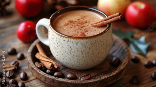 Autumn spiced coffee in rustic mug, apples, cinnamon, coffee beans