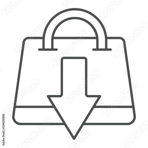 Shopping bag with down arrow thin line icon, global sanctions concept. Vector graphics. Low consumer basket, buying reduce sign on white background, outline style icon for mobile or web design.