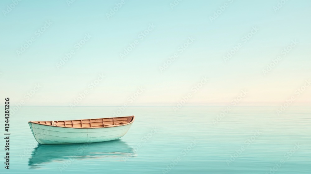 Naklejka premium Serene boat floating on calm turquoise water with gentle reflections and soft pastel sky, evoking peace and tranquility in nature's embrace