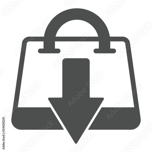 Shopping bag with down arrow solid icon, global sanctions concept. Vector graphics. Low consumer basket, buying reduce sign on white background, glyph style icon for mobile or web design.
