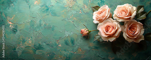 Floral Banner with pink Roses on Pastel Blue Background