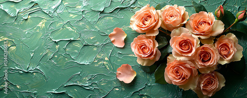 Floral Banner with pink Roses on Pastel Blue Background