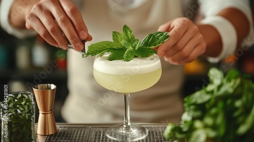 Bartender garnishing cocktail at bar with fresh mint
