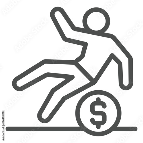 Man slipped on dollar coin line icon, financial problem concept. Vector graphics. Human with cent sign on white background, outline style icon for mobile or web design.