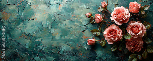 Floral Banner with pink Roses on Pastel Blue Background