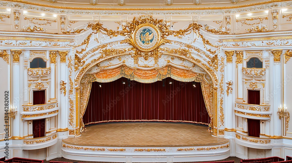 Obraz premium Elegant Historic Theater Interior with Ornate Architecture and Rich Red Curtains for Performance