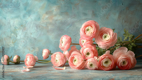 Floral Banner with Ranunculus on Pastel Blue Background