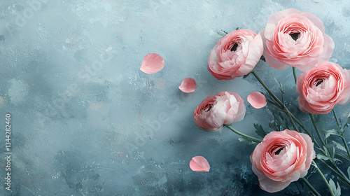 Floral Banner with Ranunculus on Pastel Blue Background