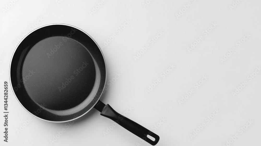 A non-stick frying pan with a black handle on a white surface. A non-stick frying pan with a black handle on a white surface.