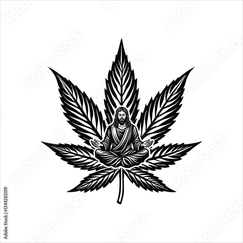 Sacred Meditation Jesus on a Marijuana Leaf Bold Spiritual Silhouettes Vector.