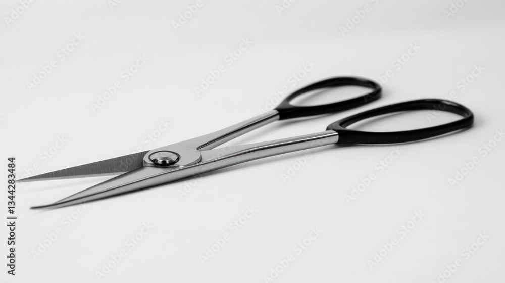 A pair of stainless steel scissors with black handles on white. A pair of stainless steel scissors with black handles on white.